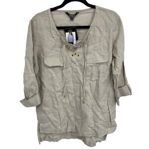 NEW ELLEN TRACY women M Sandstone Lace up 3/4 Sleeve tan Linen Blouse Shirt FLAW